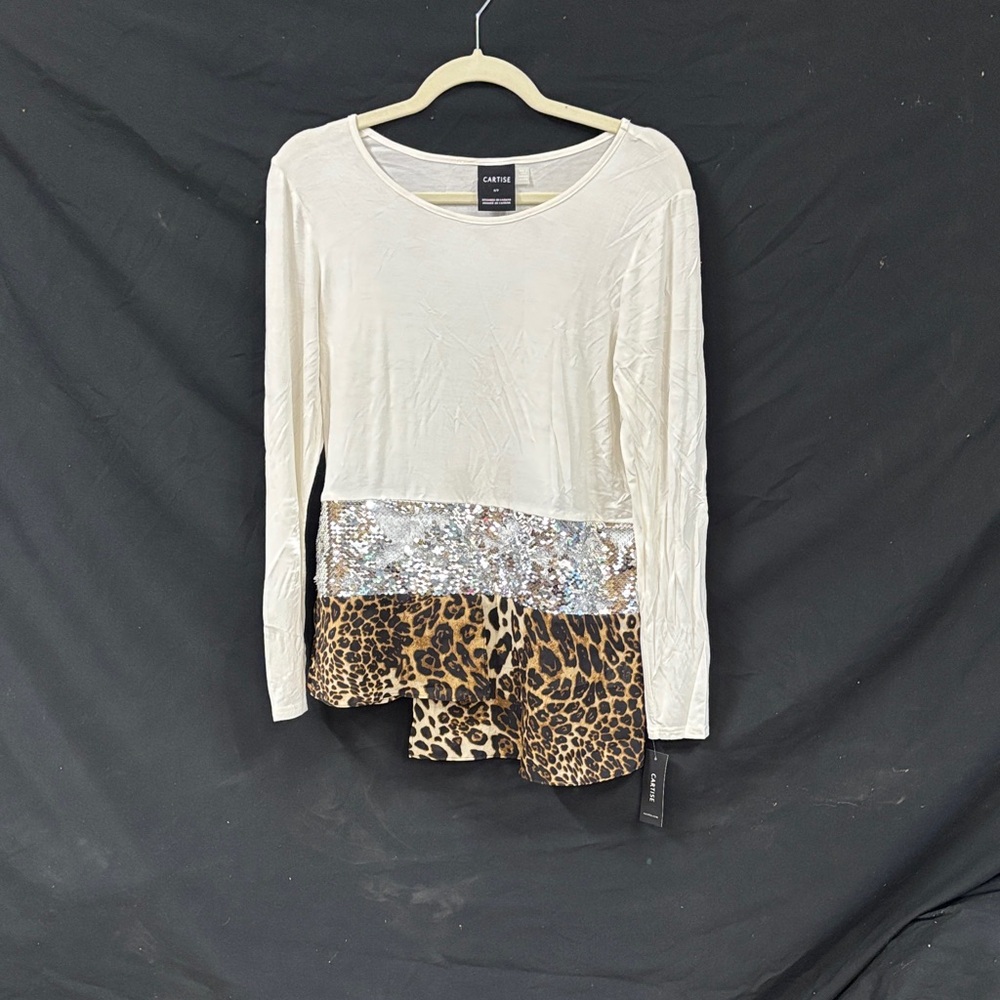 Carmen Marc Valvo Cream Sequin Leopard Blouse